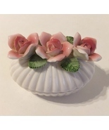 Pink Roses Trinket Jewelry Treasure Box Floral Oval Vanity Bowl White Po... - $24.00