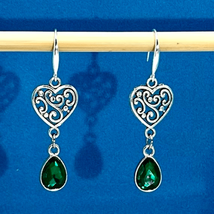 BAR Emerald Green Crystal &amp; Silver Heart Dangle Earrings - £38.70 GBP