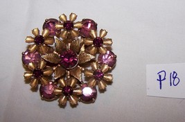 Vintage Gold Metal Round Floral Brooch Pin w/Purple Stones-Lot P 18 - £6.79 GBP