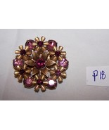 Vintage Gold Metal Round Floral Brooch Pin w/Purple Stones-Lot P 18 - $161.55 MXN