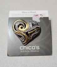 Chicos Heart Pin Brooch Rhinestone Bronze Silver Tone Black Hesrt Association  - $11.95