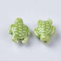 4 Porcelain Turtle Beads 19mm Green Ceramic Jewelry Making Findings Glazed - $3.82