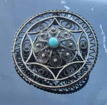 ANTIQUE ART DECO SILVER TONE NATURAL TURQUOISE FILIGREE BROOCH PENDANT - $656.79 MXN