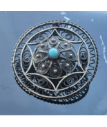 ANTIQUE ART DECO SILVER TONE NATURAL TURQUOISE FILIGREE BROOCH PENDANT - €30,80 EUR