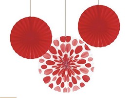 Set Of 3 Red Polka Dot &amp; Solid Paper Fans Birthday Party Decorations - £6.08 GBP