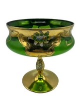 Vintage Venetian Murano Gold Gilt Enamel Green Art Glass Candy Dish 7.5&quot; Footed - £96.15 GBP