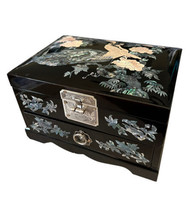 Mid 20th Century Asian Black Lacquer Peacocks Motif Abalone Inlay Jewelry Box - £114.72 GBP