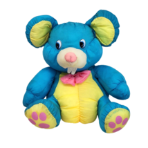 11&quot; Vintage Dan Dee Nylon Blue + Yellow Mouse Stuffed Animal Plush Toy Pink Bow - £51.65 GBP