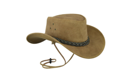 Beige Australian Western Style Suede Leather Cowboy Bush Hat Braided Chin Straps - £51.40 GBP