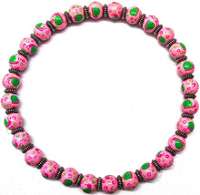 NEW IN POUCH ANGELA MOORE PINK BEADED NECKLACE WITH GREEN SNAILS - £39.10 GBP