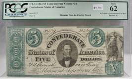 1861 $5 CT-33 Confederate Civil War Minerva Counterfeit Banknote w Ad PC... - $3,545.01