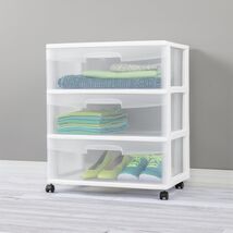 3 Drawer Wide Cart, Clear Plastic Storage Drawers, Wheels Included, White - $40.00