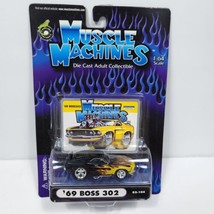 2002 MUSCLE MACHINES &#39;69 Ford Mustang Boss 302 #02-104 Black with FLAMES... - $17.81