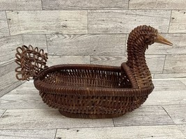 Vtg Wicker Rattan 10 Inch Duck Goose Planter Woven Basket Brown Boho Decor - $14.84