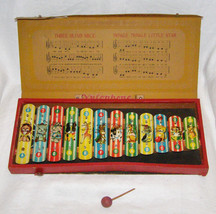 VINTAGE MID-CENT. PORTABLE MUSICAL 12 KEY XYLOPHONE TIN TOY, WOOD BASE-O... - $98.01