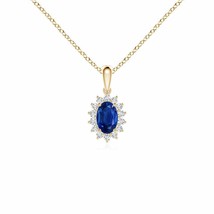 Authenticity Guarantee 
Oval Sapphire Pendant with Floral Diamond Halo in 14K... - £736.15 GBP