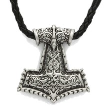 Thors Hammer Pendant Necklace Odin&#39;s Ravens Huggin Muninn Faux Leather Cord - £5.24 GBP