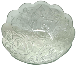 Vintage 9" Frosted Glass Floral Rose Embossed Bowl With Scalloped Edge Indonesia image 4