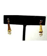 Vintage TINY Gold Color Trumpet with faux Pearl Dangle Pierced  Earrings - $15.99