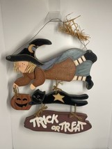Primitive Rustic Folk art style Witch and black cat sign Halloween - £14.57 GBP