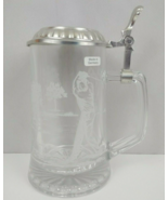 Vintage Made in Germany Etched Glass Golfing Beer Stein W/ Pewter Lid On... - $18.80