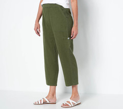 Susan Graver Pure Easy Linen Utility Crop Pants- Olive Green, Petite XX-SMALL - £22.88 GBP