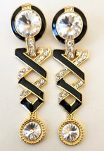 Diva Runway Glitzy Drag Queen Crystal Rhinestone Clip Earrings Black Enamel 1980 - £44.77 GBP