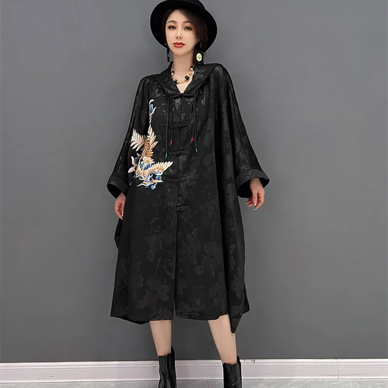 Chinese Button Hooded Windbreaker For  Black Long Style Trench Coat Autumn Large - £184.13 GBP
