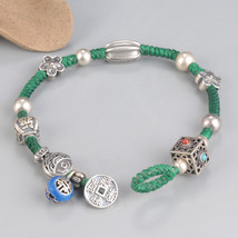 Handwoven Green Adjustable Sterling Silver Bracelet With Flower Charm,Gift Her - £39.25 GBP