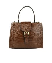 Brown Leather Handbag Detachable Shoulder Strap Croc Embossed Made In Italy - $59.95