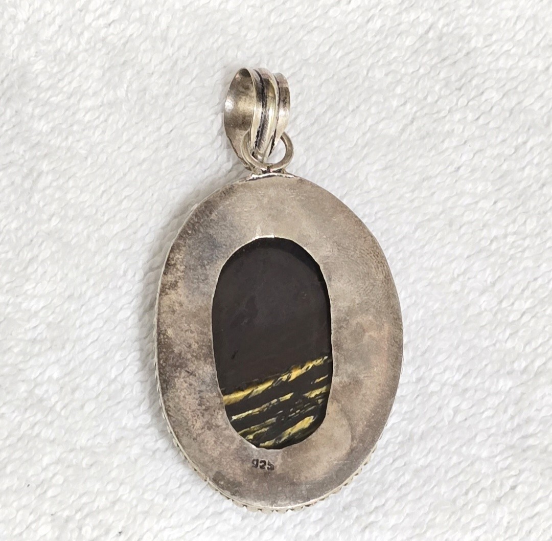 VTG Sterling Silver 925 Tiger Iron Pendant Oval Cabochon Beaded Setting 26g Item image 9