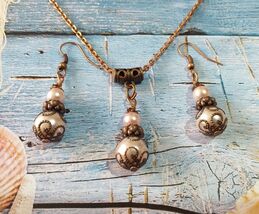 Victorian pearl copper jewelry set bohemian jewelry set earrings necklac... - $52.00