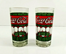 Tiffany Style Stained Glass Coke Coca Cola Glasses Red &amp; Green Set of 2 Vintage - £13.69 GBP