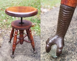 Antique piano stool Cast Iron Claw Glass Ball &amp; Wood screw adjustable - $174.99