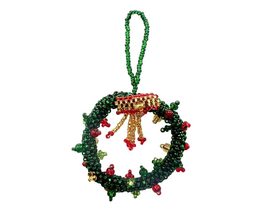 Mini Wreath Czech Glass Seed Bead Hanging Figurine Christmas Ornament - Xmas Dec - £11.06 GBP