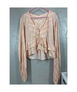 Free People Samifran Tie Front Blouse Peach Stripe Balloon Sleeve Croppe... - $41.97 CAD