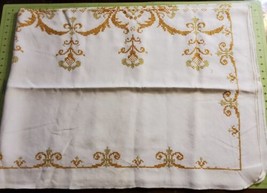 Vintage Handmade Embroidered Cross Stitch Tablecloth 48&quot;x66&quot; Rectangle Tan Cream - £33.35 GBP