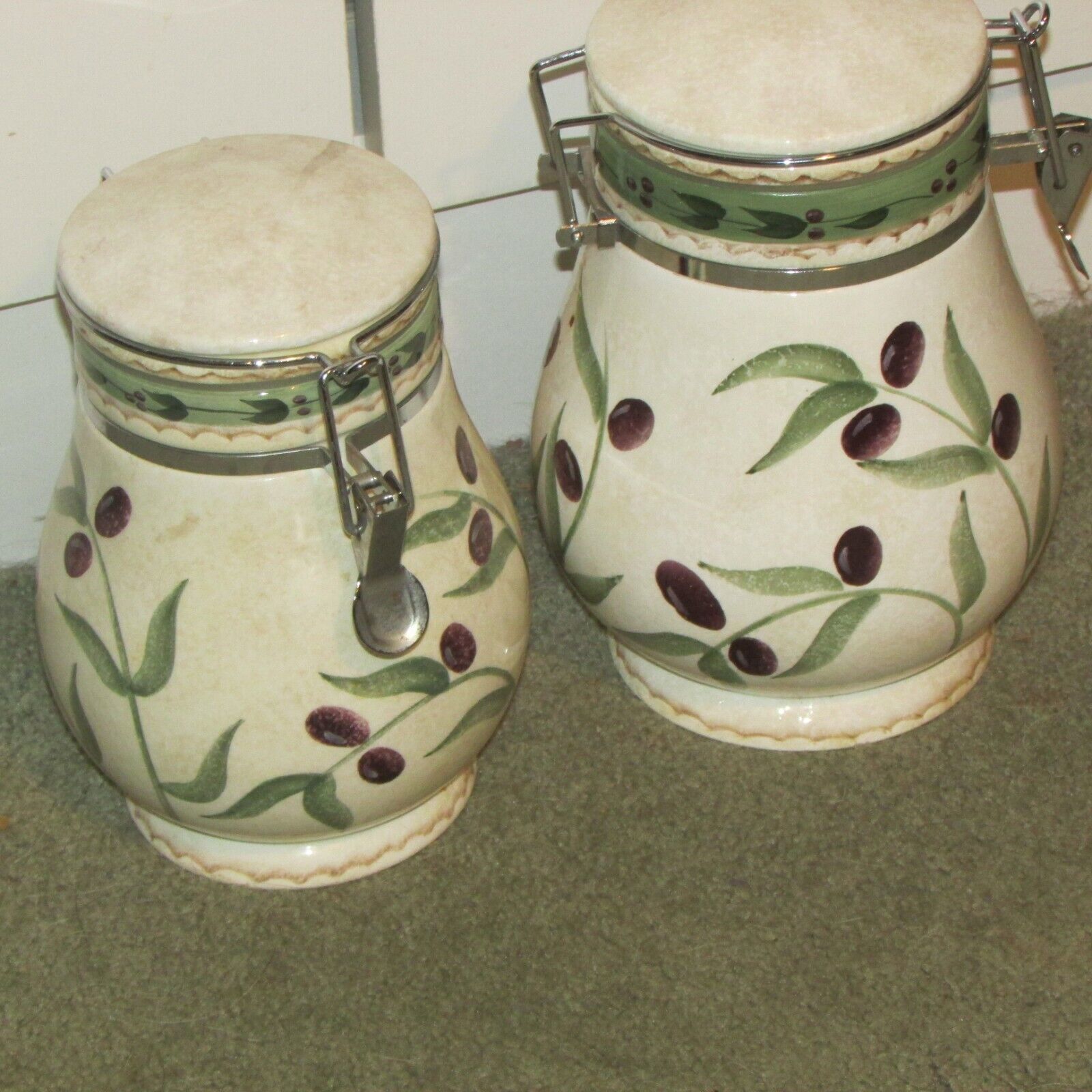 ONEIDA OLIVETO ceramic CANISTERS, one 8" one 9" tall (hall) - $49.50