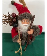 Plush White Beard Santa Woodsman Ornament Carrying Sack w Berries Walkin... - $221.25 MXN