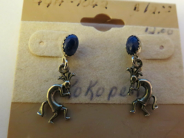 Vtg Sterling Silver Kokopelli Dangle Earrings Blue Lapis Lazuli Oval Cabs 1.25&quot; - £19.66 GBP