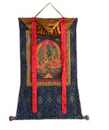 ORIGINAL GREEN TARA THANGKA | OLD OIL VARNISH BUDDHIST PAINTING WITH SIL... - $153.37
