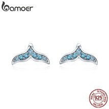 Hot Sale 100% 925 Silver Blue Zircon Mermaid Fishtail Small Stud Earrings for Wo - £12.30 GBP