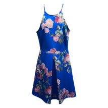 Soprano Womens Fit &amp; Flare Dress Blue Floral Pleated Spaghetti Strap Satin M - £18.97 GBP