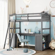 Twin size Loft Bed with Drawers, Cabinet, Shelves and Desk, Wooden Loft Bed Gray - £494.06 GBP