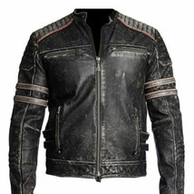 Men&#39;s Biker Vintage Retro Motorcycle Cafe Racer Moto Distressed Leather Jacket - £104.41 GBP