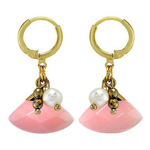 Sweet Pastel Pink Fan-Shaped Quartz and Freshwater Pearl Hoop Dangle Earrings - £20.52 GBP