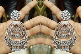 Indian Cz swarovski Chandbali Earrings Jhumki Wedding Bollywood Set Antique - £76.36 GBP
