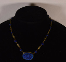 Vintage Art Deco Nouveau Pressed Glass Flower Necklace Blue Beads Brass Cobalt B - £128.17 GBP
