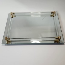 Vintage Vanity Mirror Tray Beveled Edges 11&quot; x 8&quot; 4 Glass Rails Brass Fittings A - £23.89 GBP