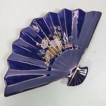 Vintage 1960s Cobalt Blue Porcelain Fan Trinket Dish Gilded Gold 10.5x6.... - $26.18